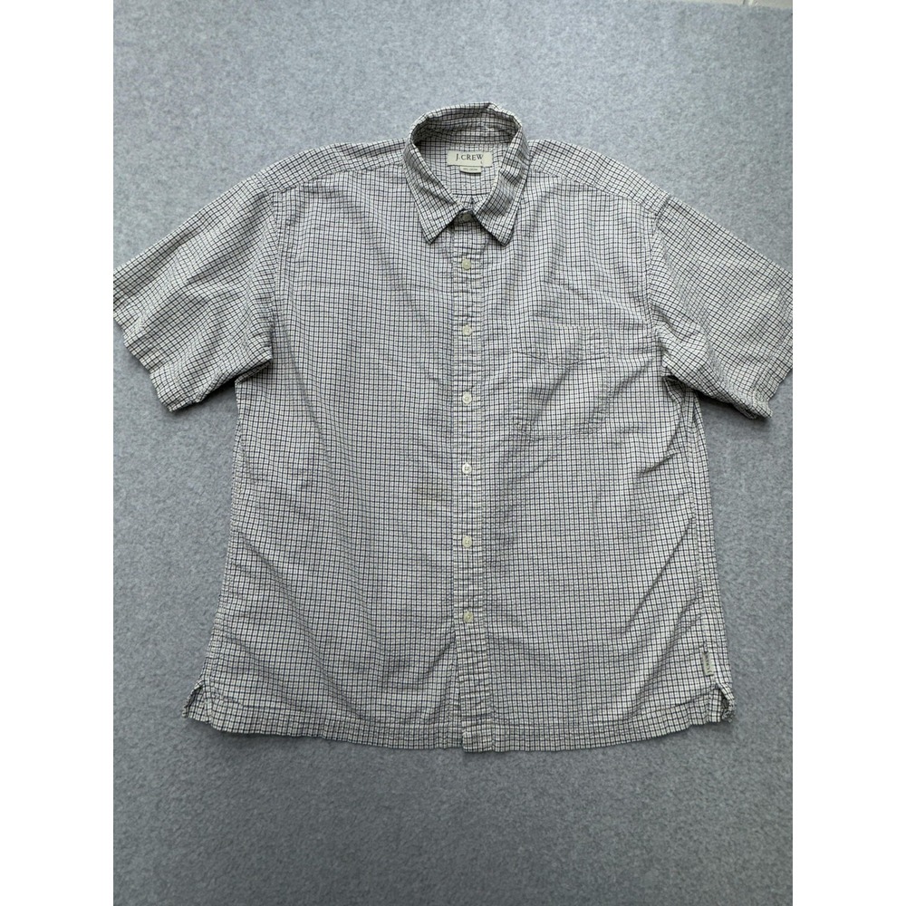 J Crew Shirt Mens Large Beige Blue Check Short Sleeve Button Up Cotton Casual‎